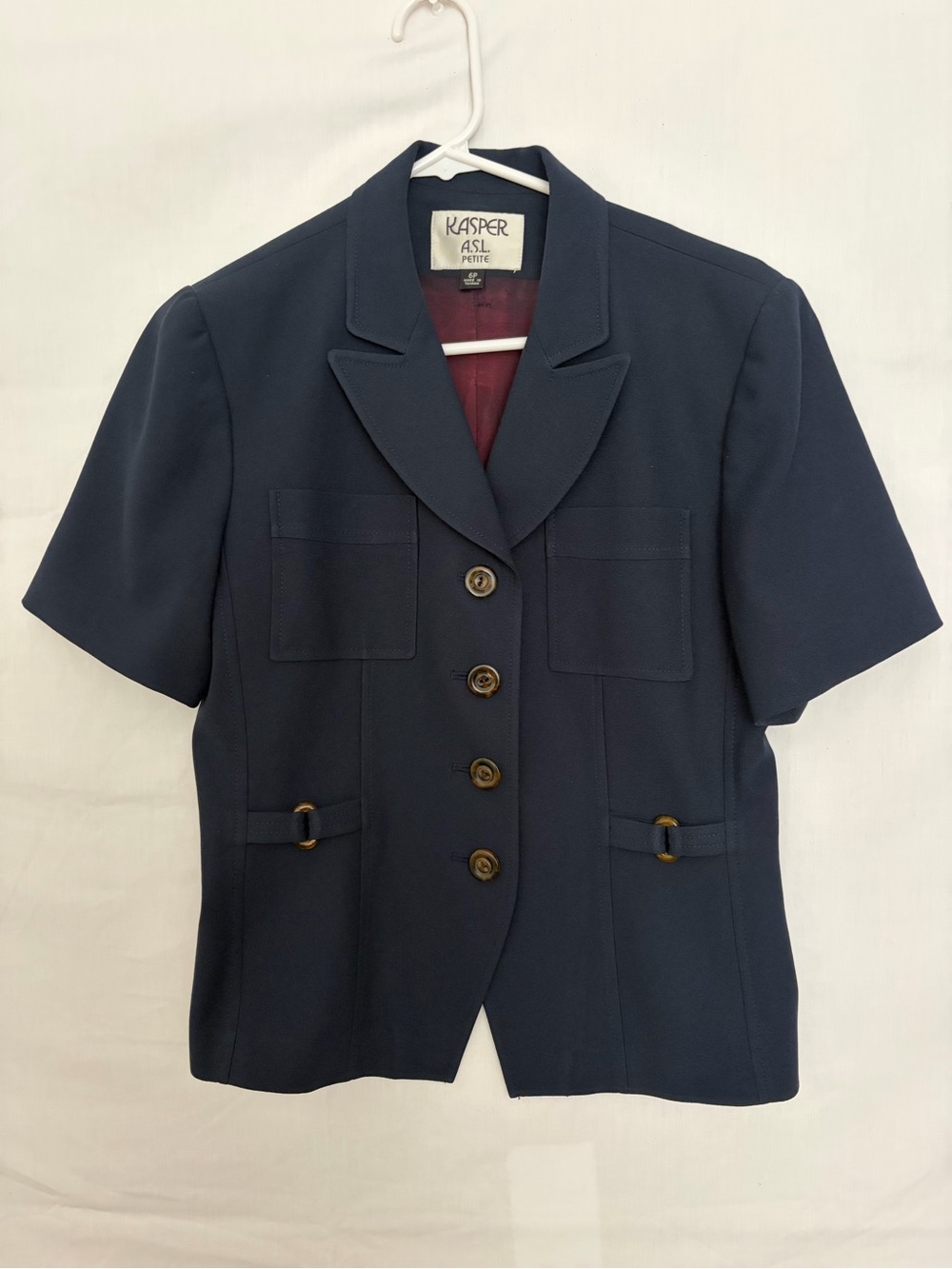 Kasper ASL Petite Vintage Navy Short Sleeve Lined Blazer Jacket Size 6P(A871)